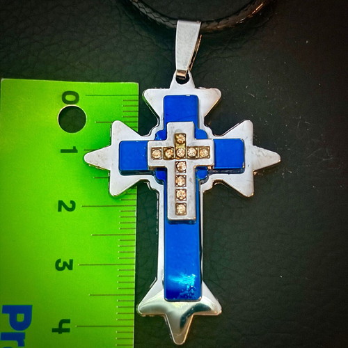 Blue cross pendant with crystals, steel