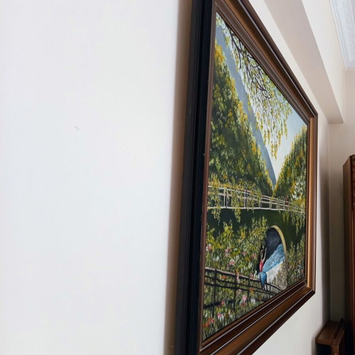 Original oil painting landscape with bridge by Chrysoula Bala, like new