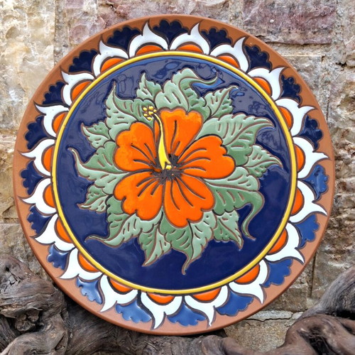 Vintage handmade Rodos ceramic plate with hibiscus motif like new