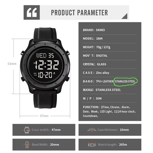 Skmei 1864 digital watch with stainless steel bracelet new, men's, black