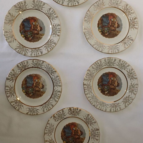 Keramikos set of 6 small plates used, porcelain with romantic design