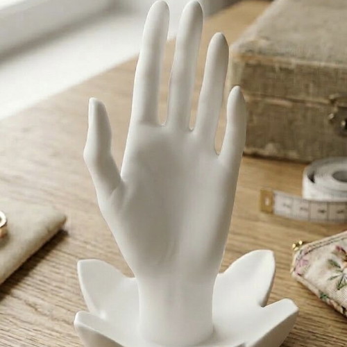 Decorative jewelry holder like new, white hand-shaped with lotus base