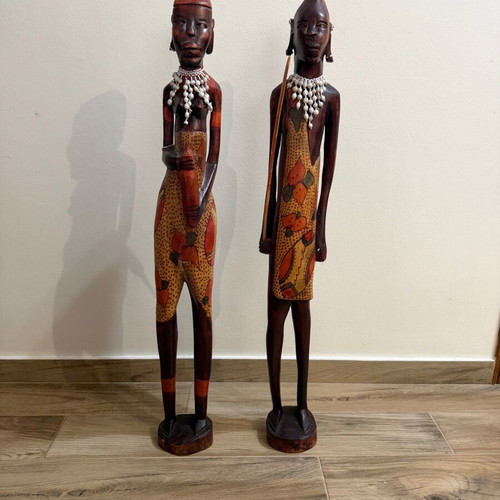 African wooden statues used, set of 2, handmade