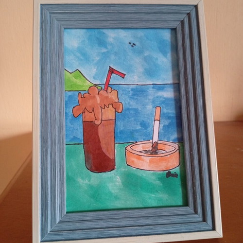 Frappé Drawing Inspired by Greek Summer, New, Watercolor and Ink