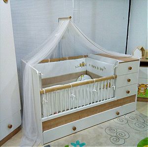 Πολυμορφική κούνια Βρεφική-Παιδική έξτρα συρτάρι ύπνου 2 στρώματα. Σετ Ντουλάπα-ραφιέρα-συρταριέρα.