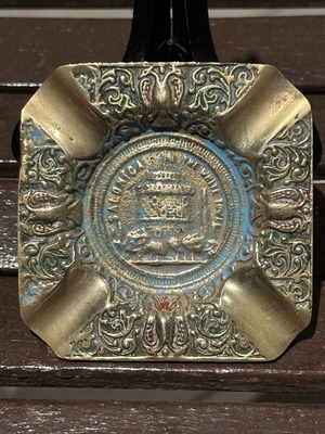Vintage Greek Brass Ashtray Thessaloniki with Blue and Red Patina used