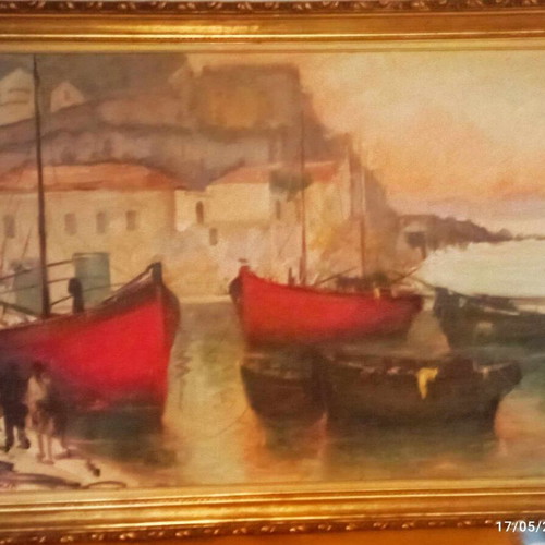 Oil painting Hydra port by D. Boukis like new with vintage frame