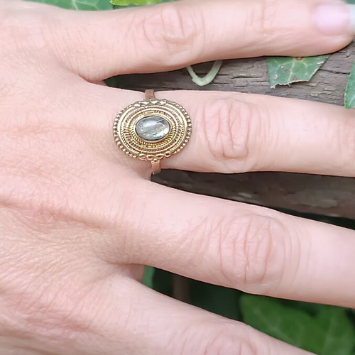 Vintage brass ring adjustable with genuine labradorite stone