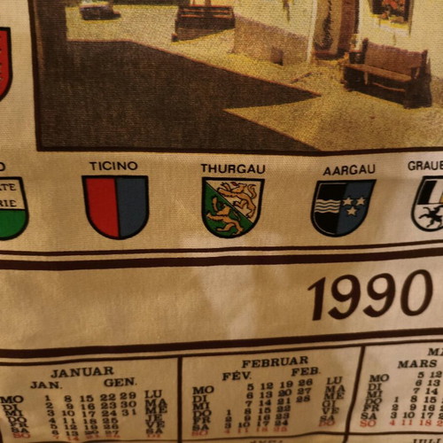 Vintage fabric wall calendar from Switzerland 1990 like new