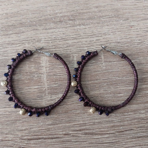 Hoop earrings with waxed metallic thread and decorative crystals