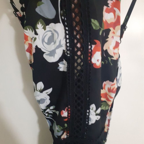 Long dress new with slit and back tie, black with floral pattern
