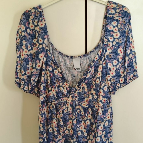 Women's cotton blouse blue with white flowers like new