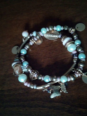 Double elastic bracelet used in rose gold with moonstones and bone beads