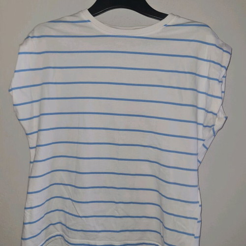 Zara striped short-sleeve padded shoulder blouse like new, white/turquoise, size S