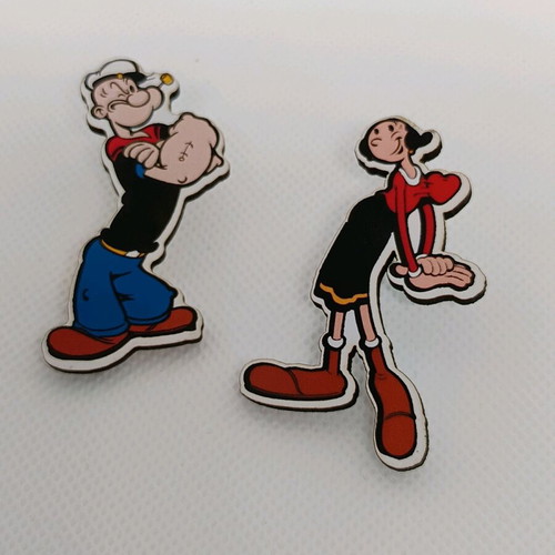 Olive and Popeye wooden earrings with stainless steel, like new, multicolor