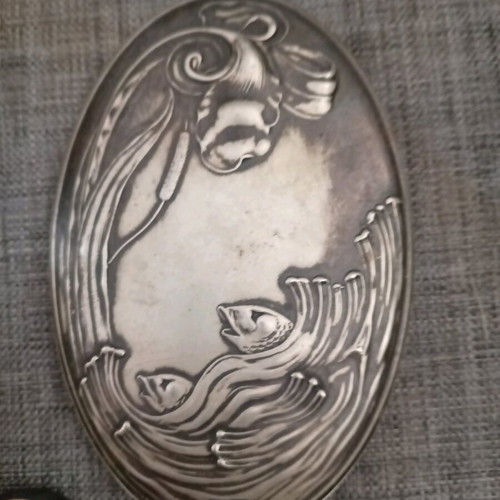 Vintage silver-plated set mirror, brushes and powder box like new