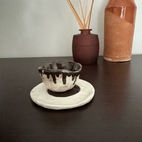 Handmade ceramic espresso cup with plate, new, cream and brown