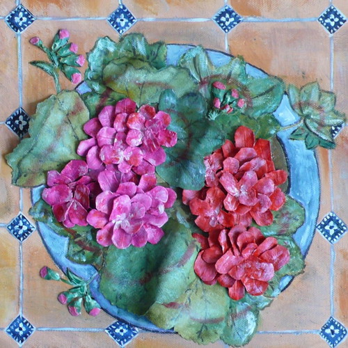 3D Artwork Gerania Canvas Painting with Pinecone Flowers New