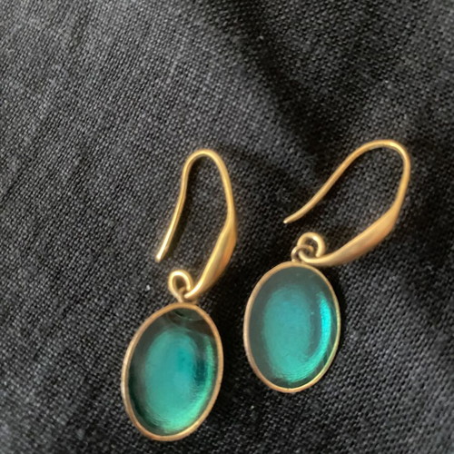 Gold-tone earrings with oval turquoise enamel, like new, handmade vintage style