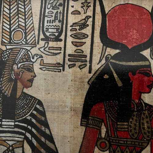 Authentic Egyptian painting on bamboo with hieroglyphs, framed
