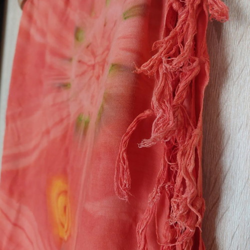 Women's boho beach pareo like new, red viscose fabric with fringes