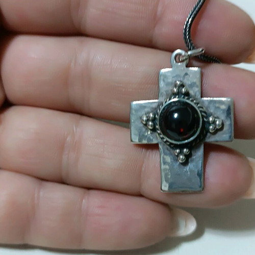 Byzantine silver cross 925 with garnet stone new