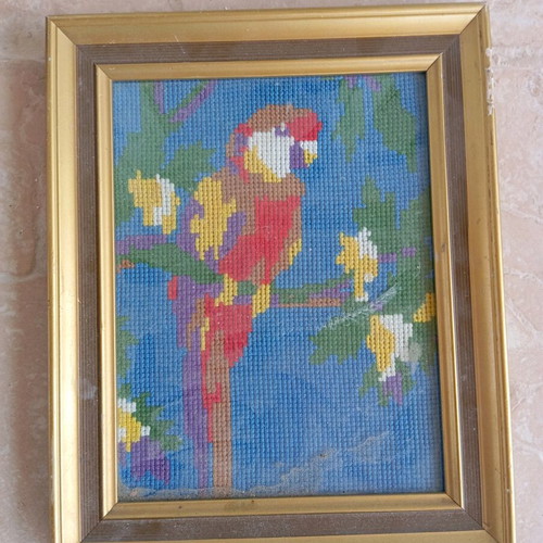 Handmade embroidered parrot frame used in golden frame