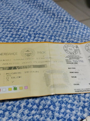 PAOK match ticket from historic Fenerbahce game 26-8-10 like new