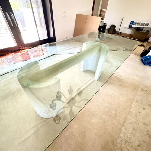 Monumental marble dining table for 10 people with special glass