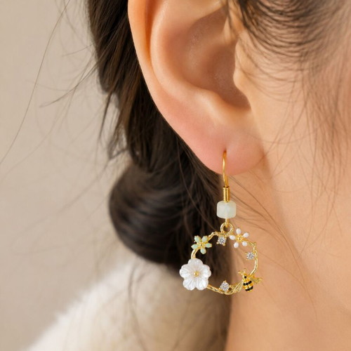 Handmade Secret Garden Earrings gold wreaths with bees and flowers
