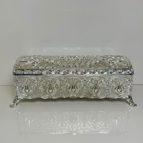 Metallic Ornate Jewelry Box with Oriental Embossed Design and Velvet Lining