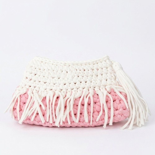 Handmade Crochet Pink and White Fringe Clutch new