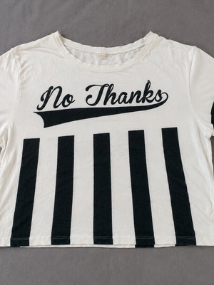 Women's T-shirt used, white with black stripes and No Thanks print, size S