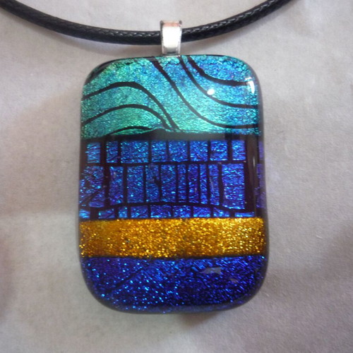 Handmade dichroic glass pendant necklace like new, blue-gold