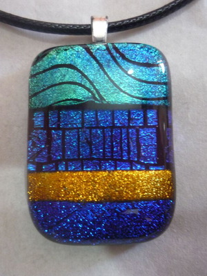 Handmade dichroic glass pendant necklace like new, blue-gold
