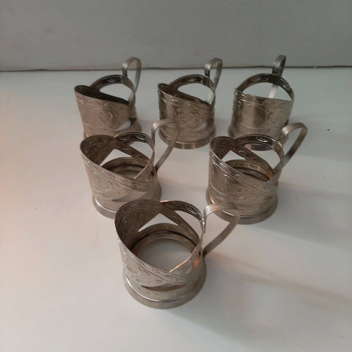 Vintage metal glass holders like new, set of six from Soviet Ukraine