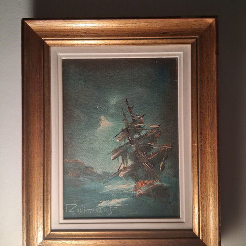 Authentic painting by Giorgos Zoumboulis oil on canvas, used, sailing ship at night