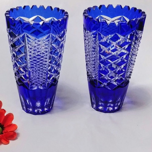 Zegary Vase 18.5 Ekb. Lausitzer/Imperlux cobalt blue White crystal Germany 50'-60'.