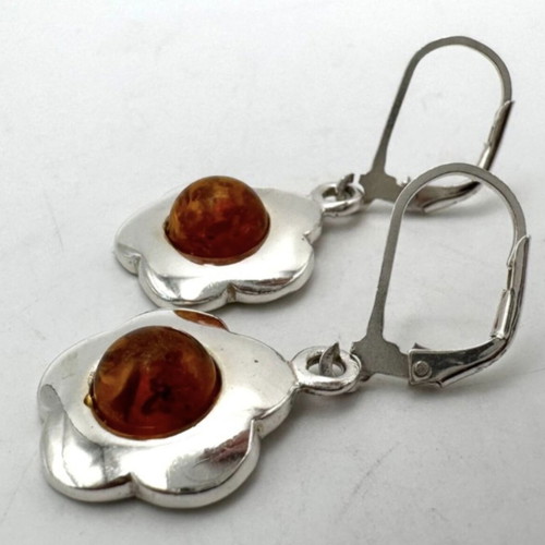 Vintage silver 925 earrings with natural amber floral design used