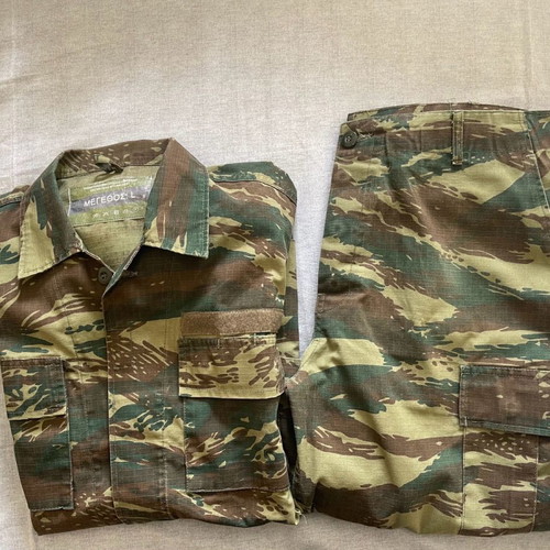 Greek Army Camouflage Clothing used, BDU set, wool sweater, M-65 jacket, campaign bag