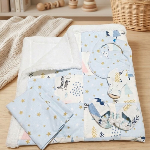 Handmade baby set with blanket, bib, shoes, pillowcase and wooden decoration