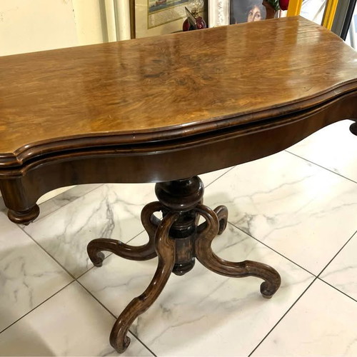 Antique table used, folding, solid walnut with storage space