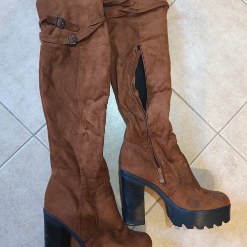 Over the knee brown boots used, size 41, suede, 12 cm platform