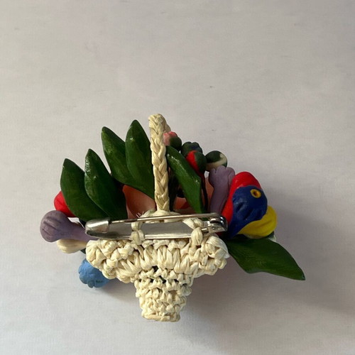 Vintage flower brooch with woven basket and plastic flowers like new