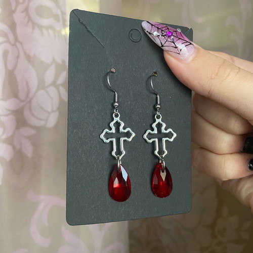 Gothic vampire cross earrings new with red crystals and steel hooks