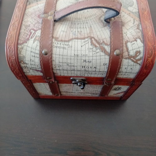 Globe-themed wooden and leather chest like new