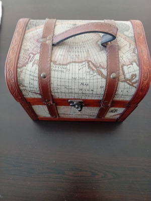 Globe-themed wooden and leather chest like new