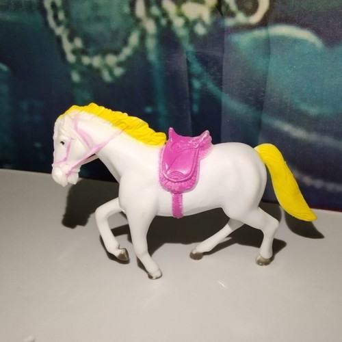 White Horse Figure with Yellow Mane and Pink Saddle used, 10cm