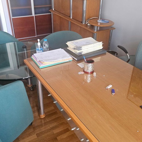 Office furniture set used with desk, chairs, cabinet, and glass table