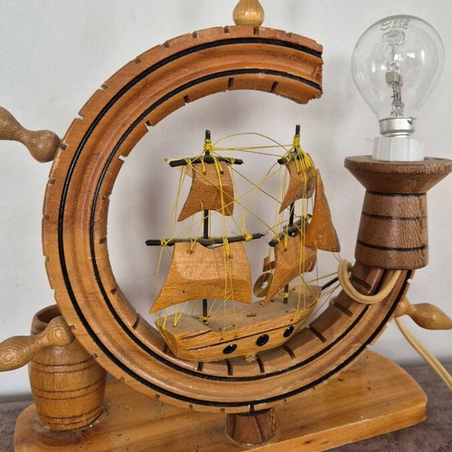 Wooden ship lamp used with ship wheel and pencil holders